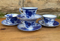 Antique John Maddock & Sons "Virginia" Flow Blue Tea Cup & Saucer Collection | 4 Sets | As Found
