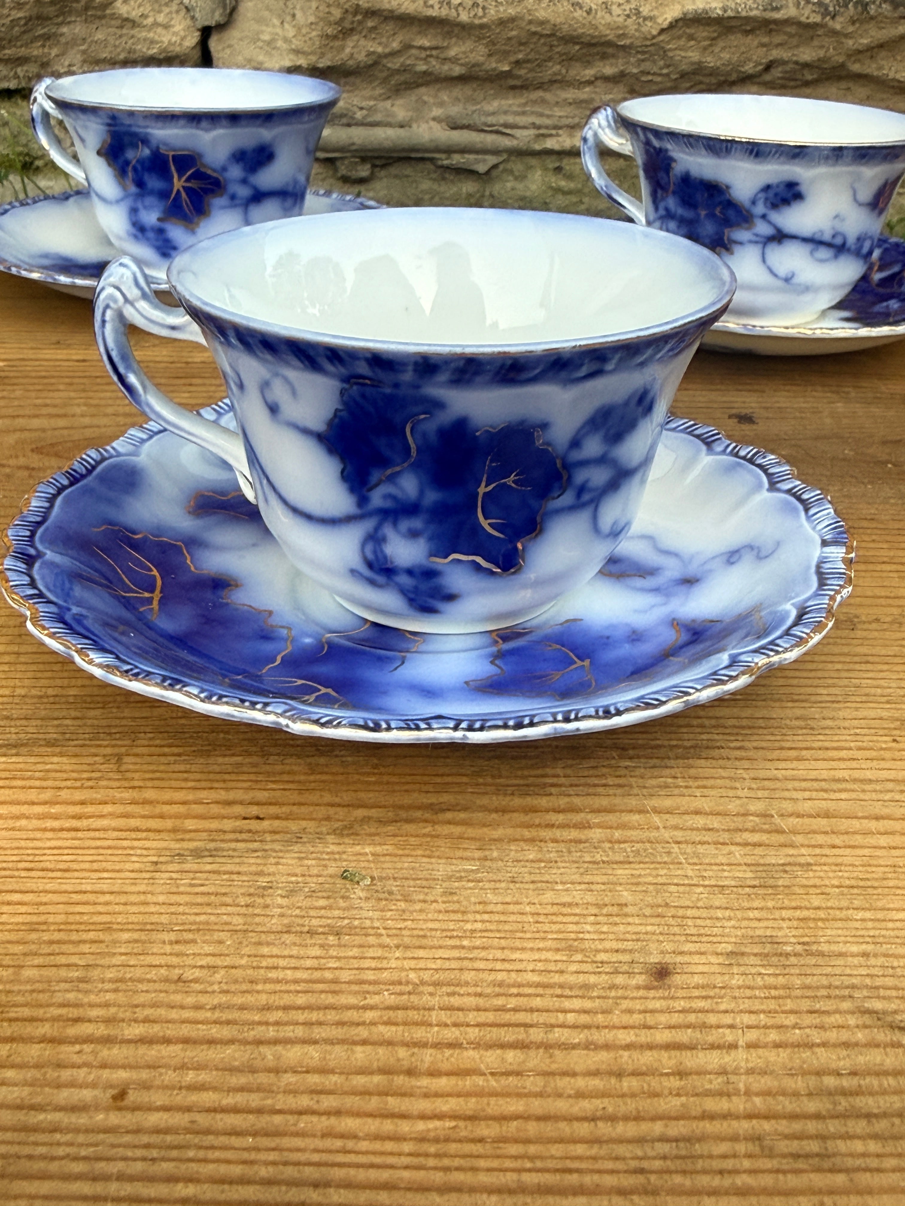 Antique John Maddock & Sons "Virginia" Flow Blue Tea Cup & Saucer Collection | 4 Sets | As Found