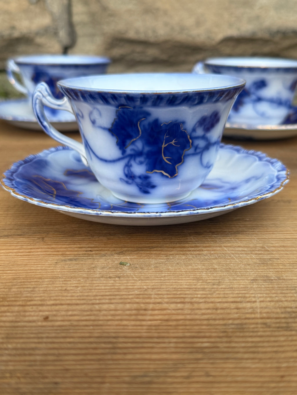 Antique John Maddock & Sons "Virginia" Flow Blue Tea Cup & Saucer Collection | 4 Sets | As Found