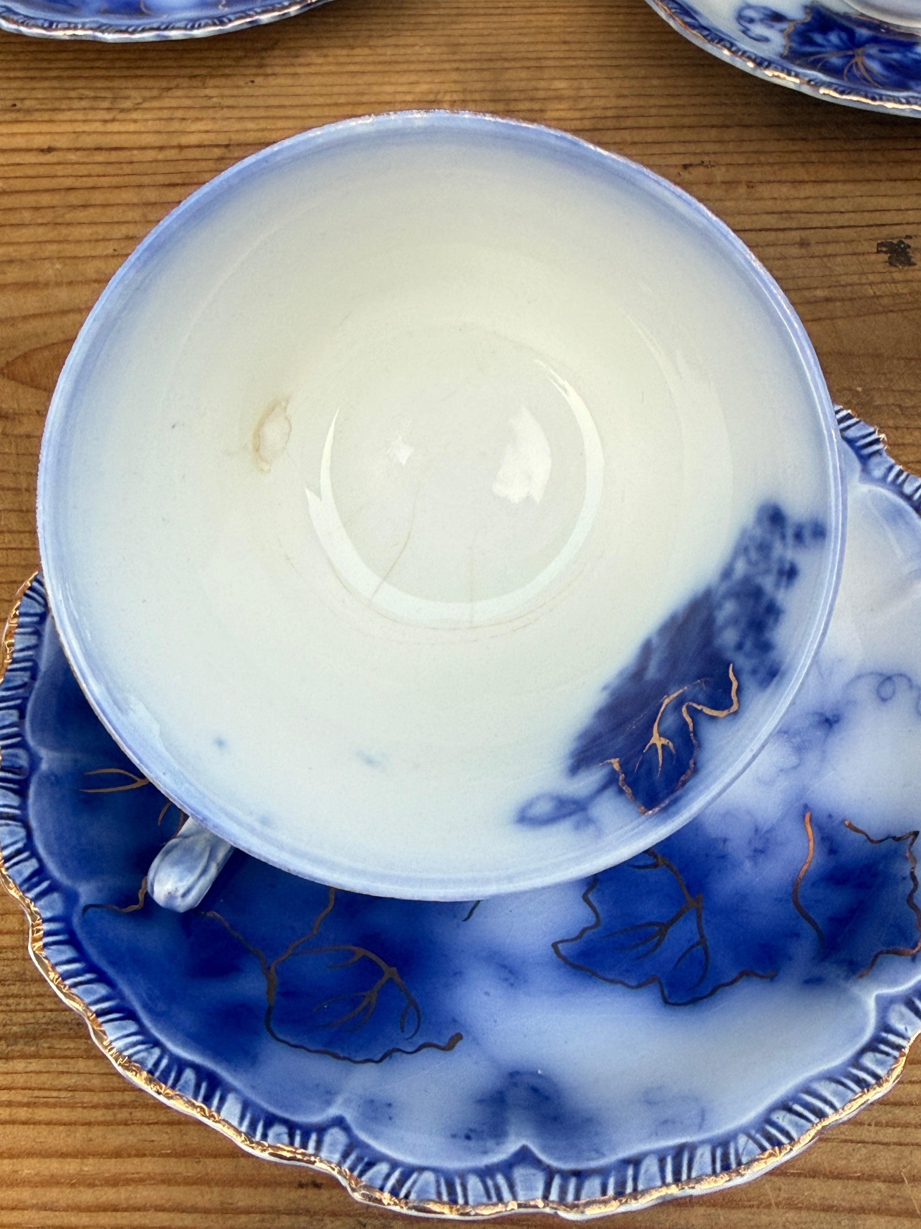 Antique John Maddock & Sons "Virginia" Flow Blue Tea Cup & Saucer Collection | 4 Sets | As Found