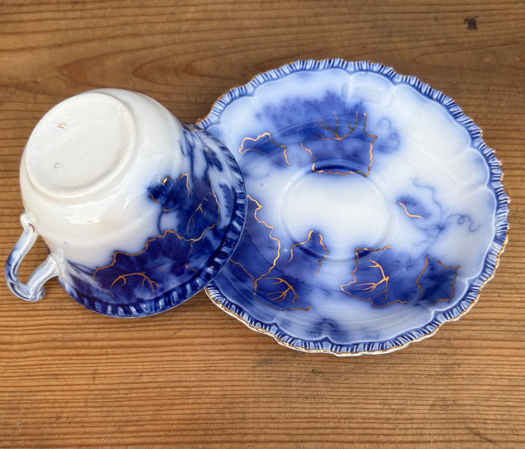 Antique John Maddock & Sons "Virginia" Flow Blue Tea Cup & Saucer Collection | 4 Sets | As Found