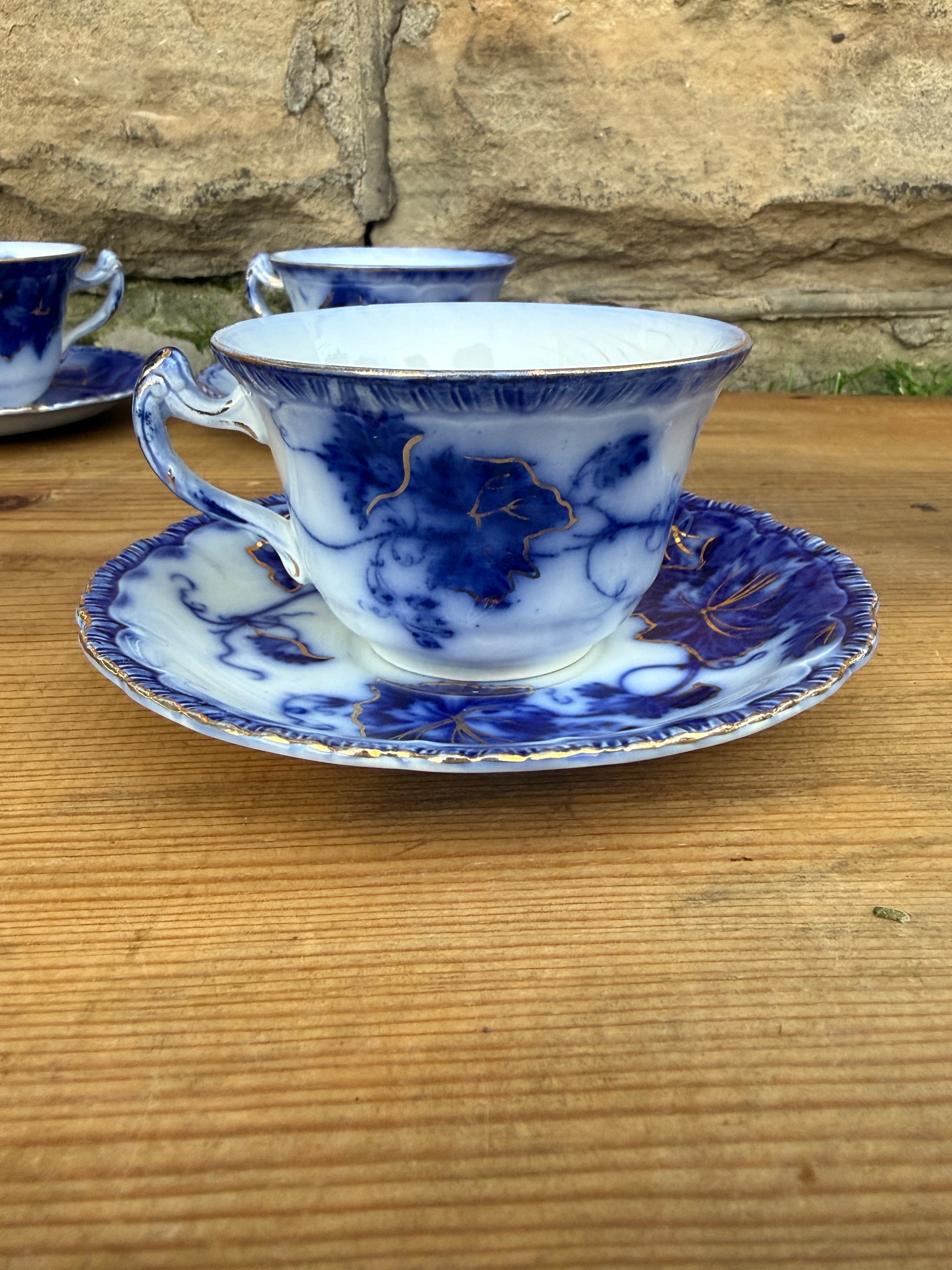 Antique John Maddock & Sons "Virginia" Flow Blue Tea Cup & Saucer Collection | 4 Sets | As Found