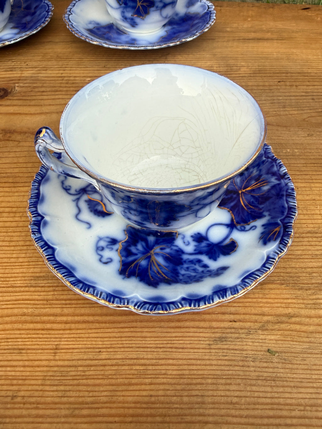Antique John Maddock & Sons "Virginia" Flow Blue Tea Cup & Saucer Collection | 4 Sets | As Found