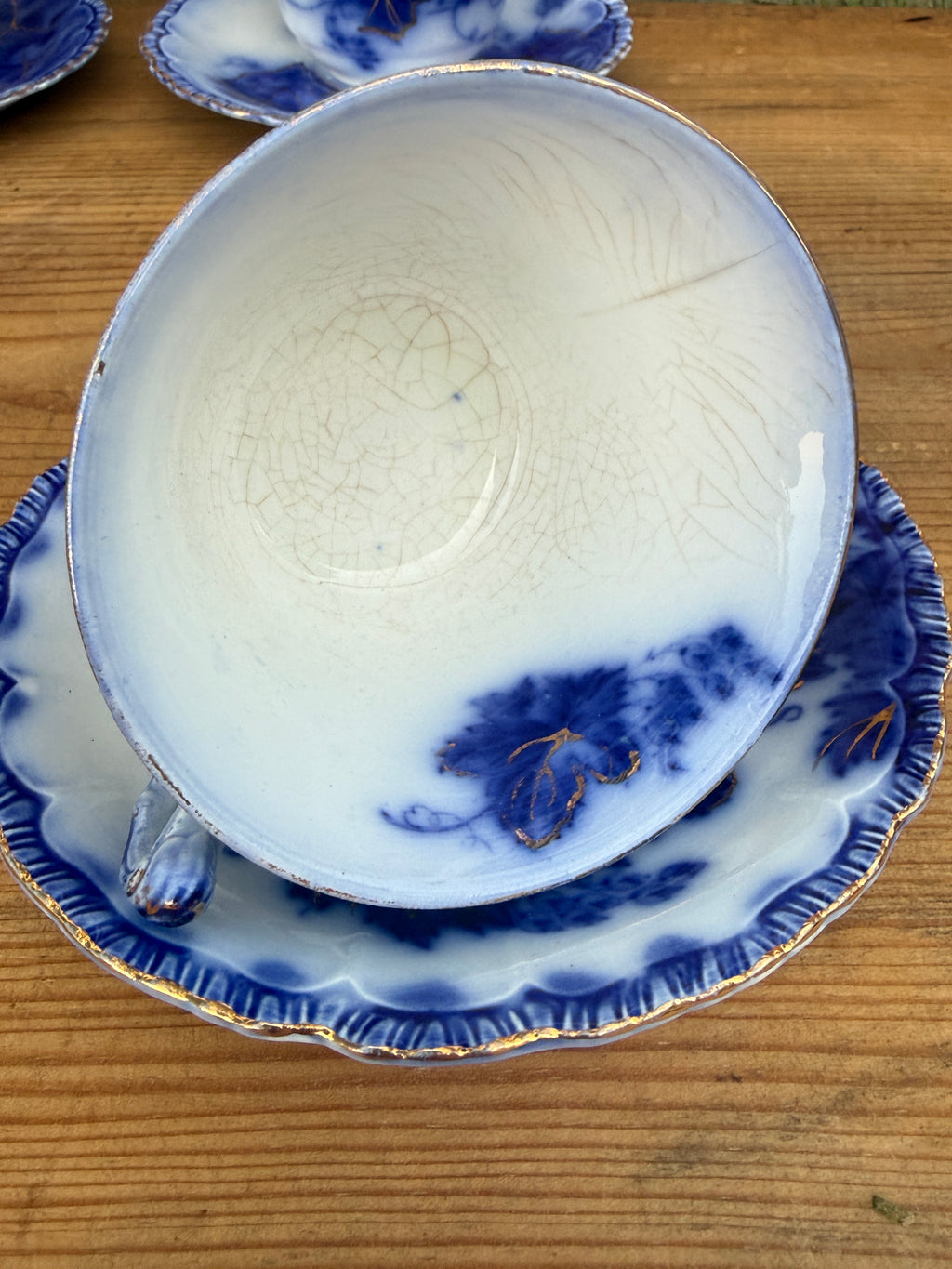 Antique John Maddock & Sons "Virginia" Flow Blue Tea Cup & Saucer Collection | 4 Sets | As Found