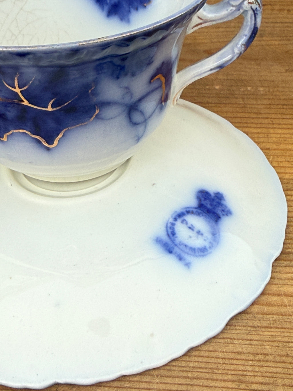 Antique John Maddock & Sons "Virginia" Flow Blue Tea Cup & Saucer Collection | 4 Sets | As Found