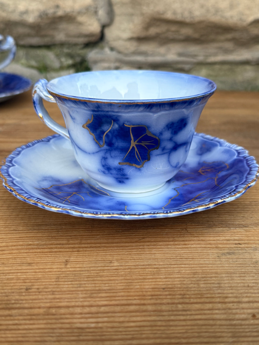 Antique John Maddock & Sons "Virginia" Flow Blue Tea Cup & Saucer Collection | 4 Sets | As Found