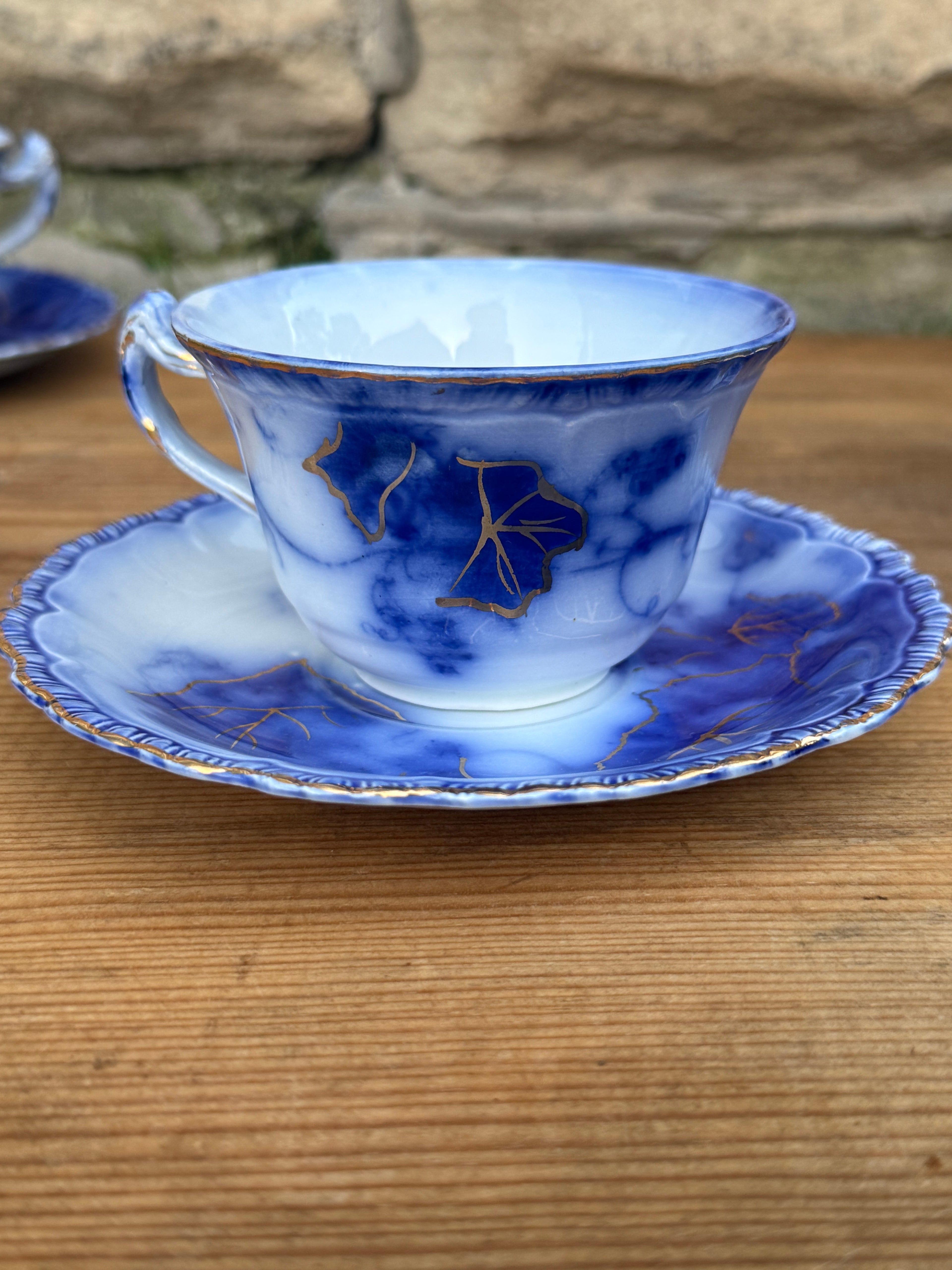 Antique John Maddock & Sons "Virginia" Flow Blue Tea Cup & Saucer Collection | 4 Sets | As Found