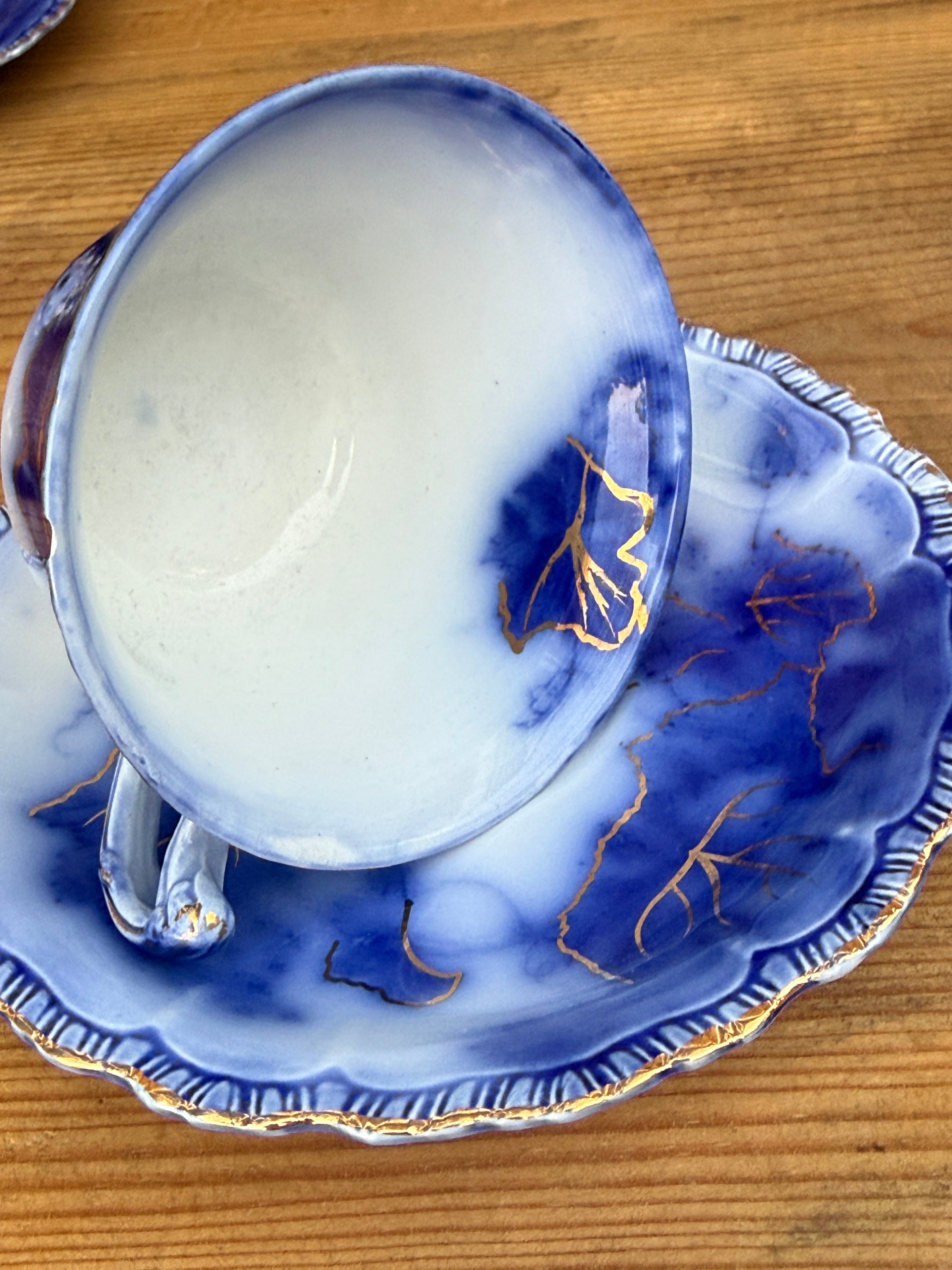Antique John Maddock & Sons "Virginia" Flow Blue Tea Cup & Saucer Collection | 4 Sets | As Found