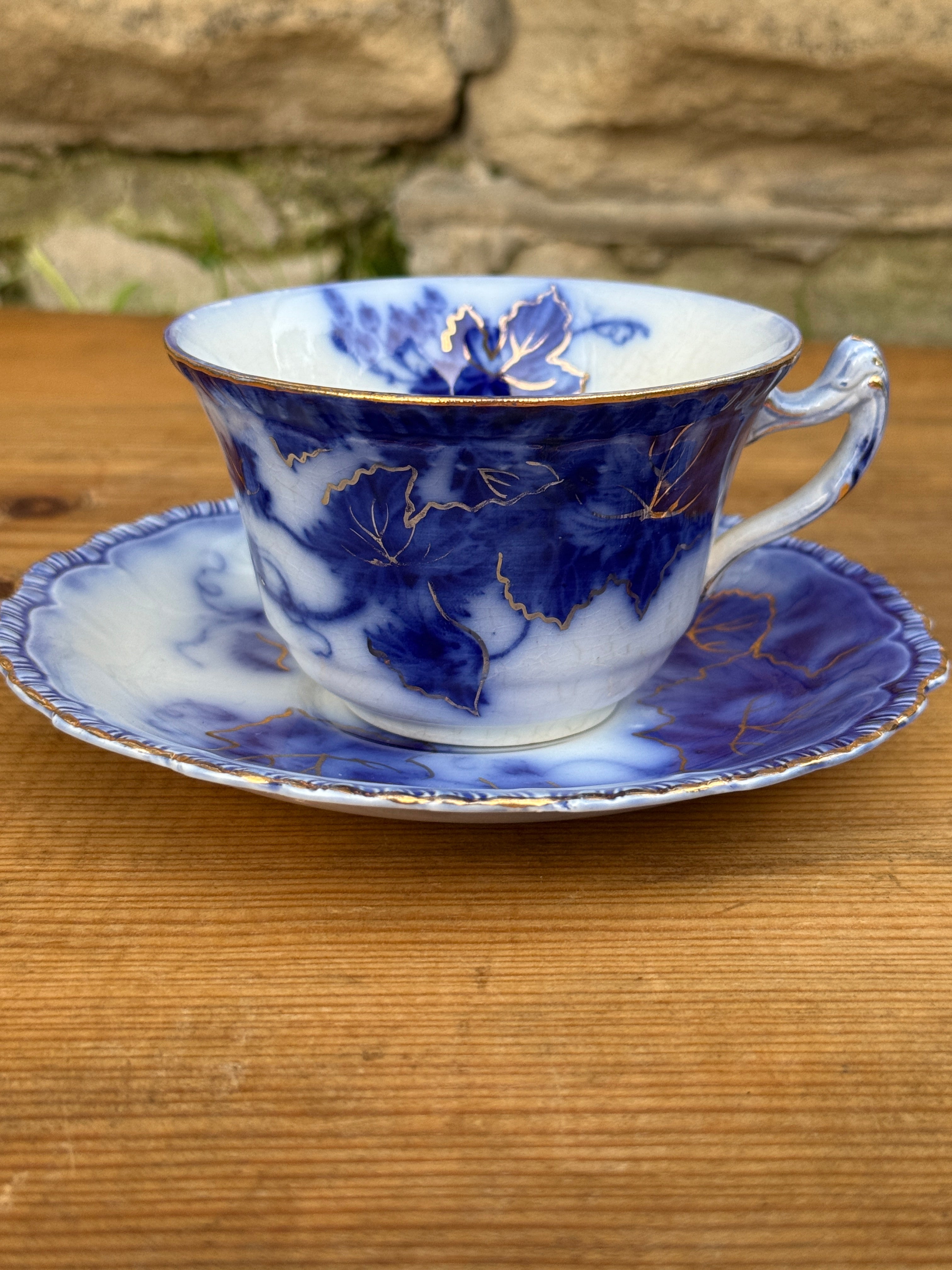 Antique John Maddock & Sons "Virginia" Flow Blue Tea Cup & Saucer Collection | 4 Sets | As Found