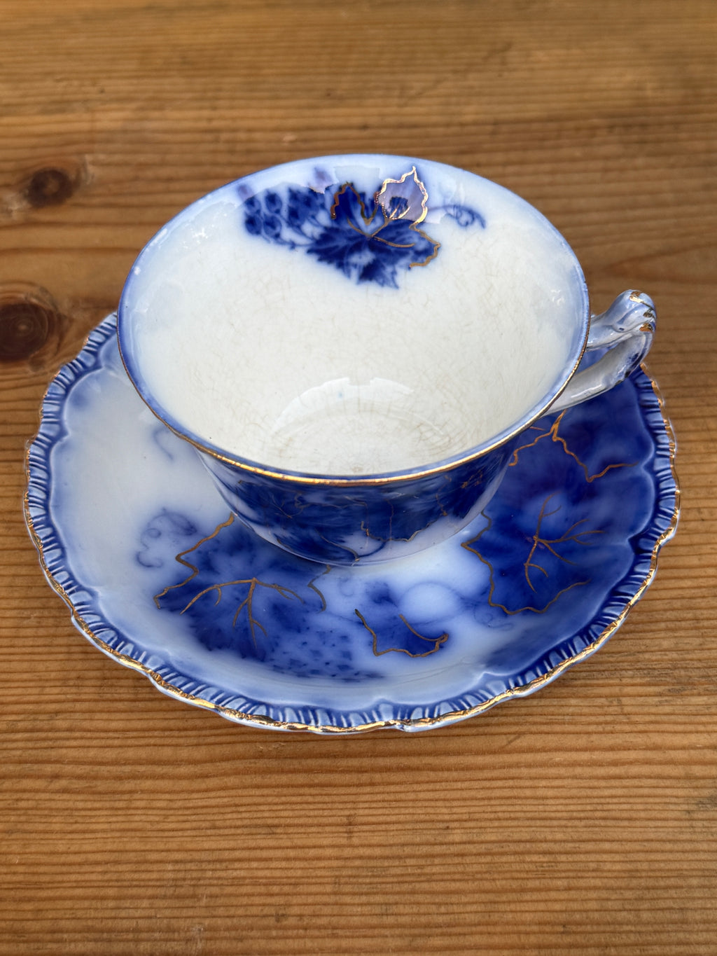 Antique John Maddock & Sons "Virginia" Flow Blue Tea Cup & Saucer Collection | 4 Sets | As Found