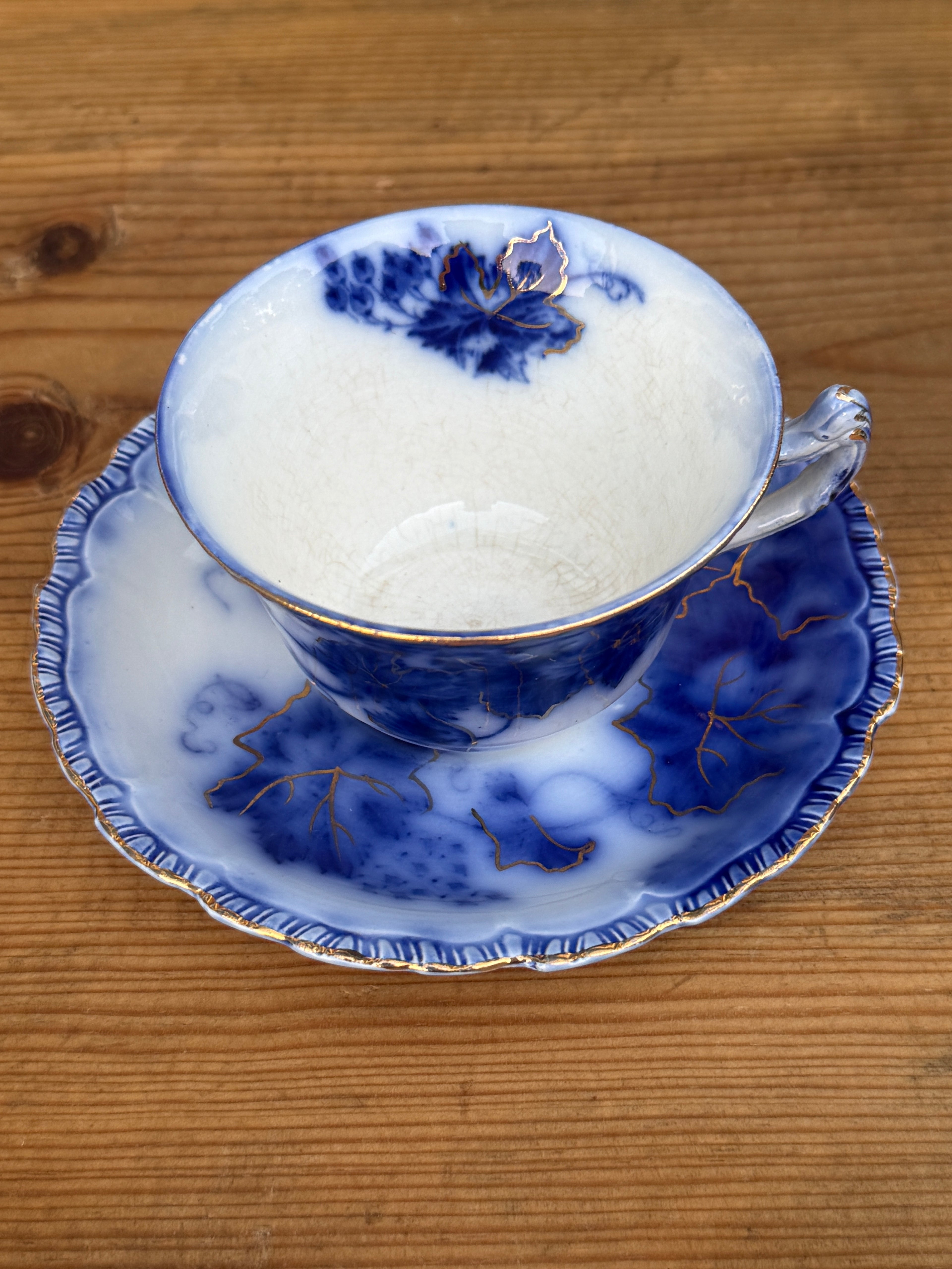 Antique John Maddock & Sons "Virginia" Flow Blue Tea Cup & Saucer Collection | 4 Sets | As Found
