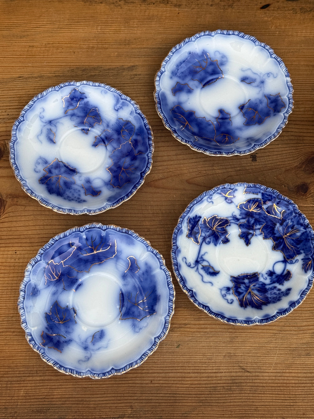 Antique John Maddock & Sons "Virginia" Flow Blue Tea Cup & Saucer Collection | 4 Sets | As Found