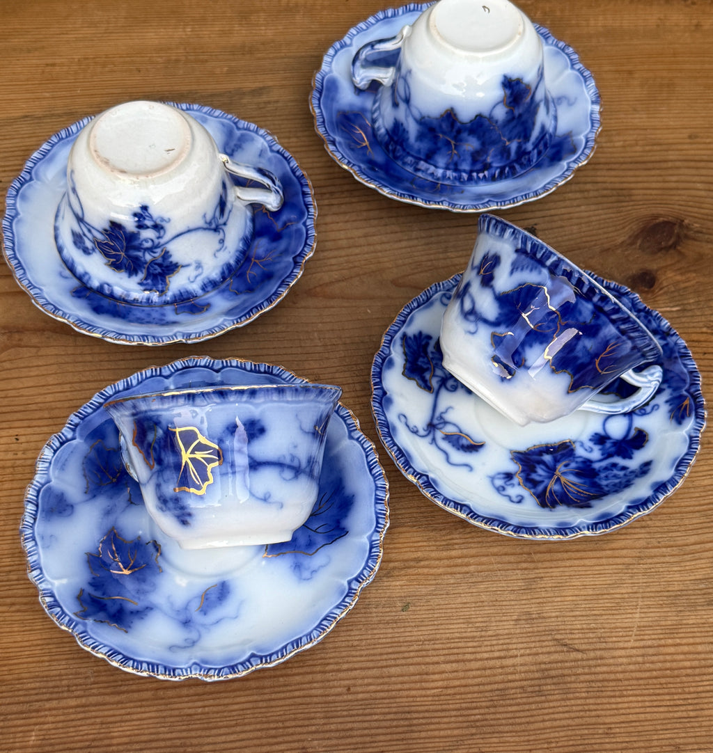 Antique John Maddock & Sons "Virginia" Flow Blue Tea Cup & Saucer Collection | 4 Sets | As Found
