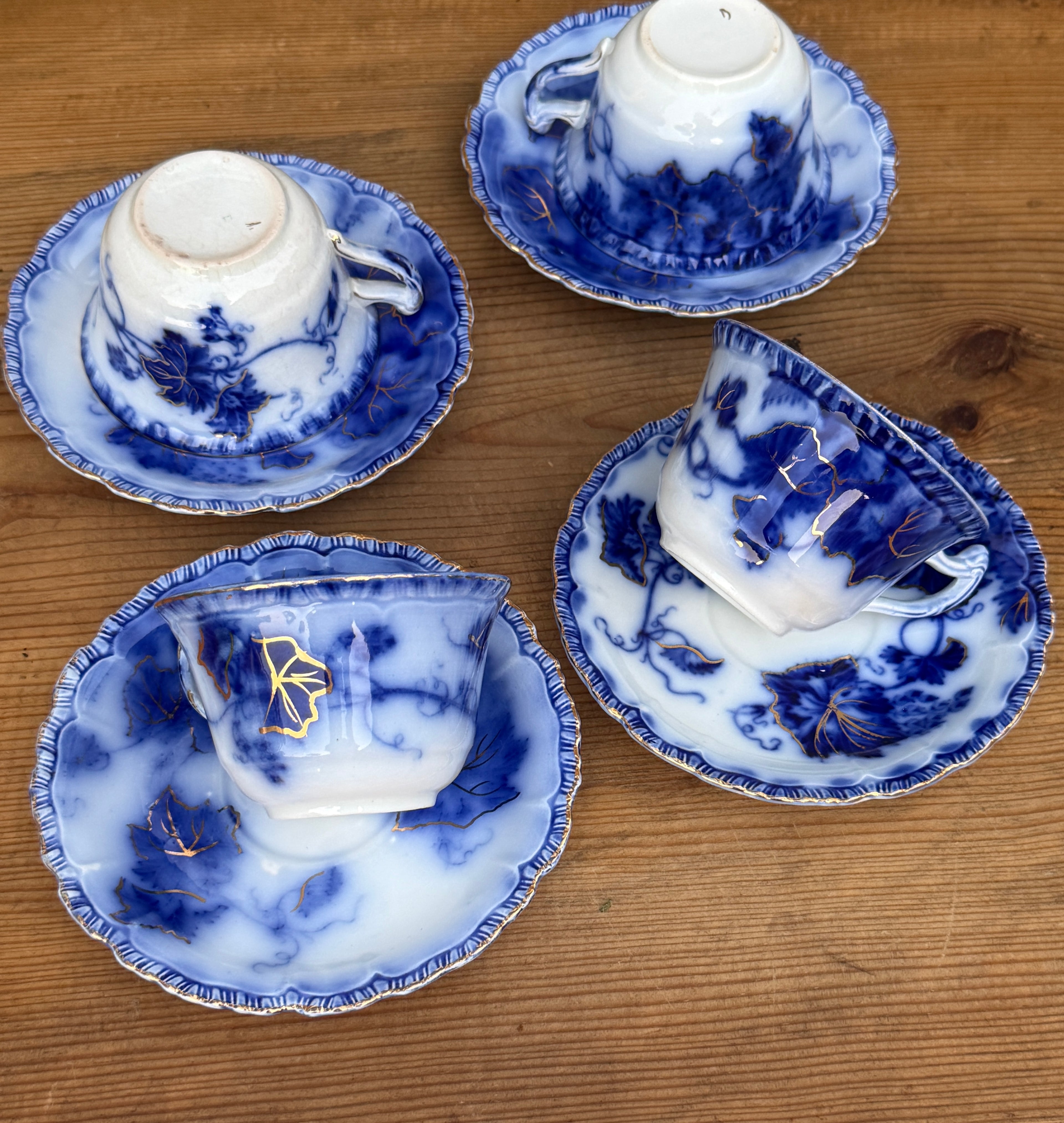 Antique John Maddock & Sons "Virginia" Flow Blue Tea Cup & Saucer Collection | 4 Sets | As Found
