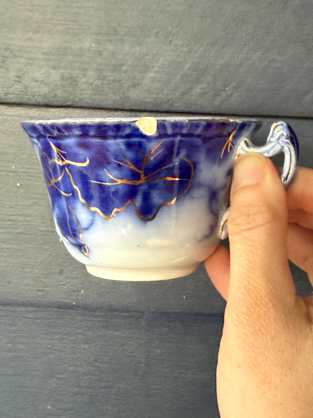 Antique John Maddock & Sons "Virginia" Flow Blue Tea Cup & Saucer Collection | 4 Sets | As Found