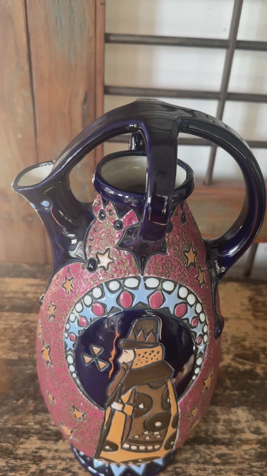 Amphora Figural & Star Ceramic Ewer — Cobalt & Rose